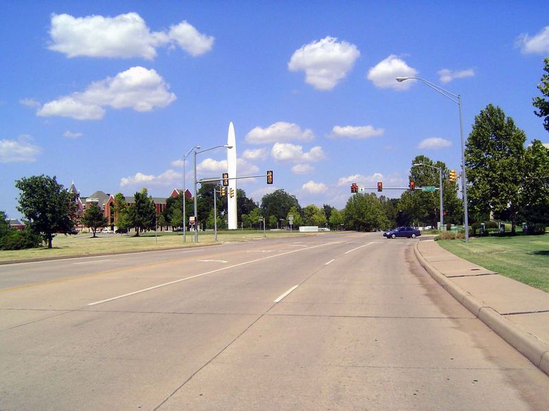 We've turned around 180 degrees and are looking at a geometric sculpture in the center of Stiles Park. The medical center covers many blocks