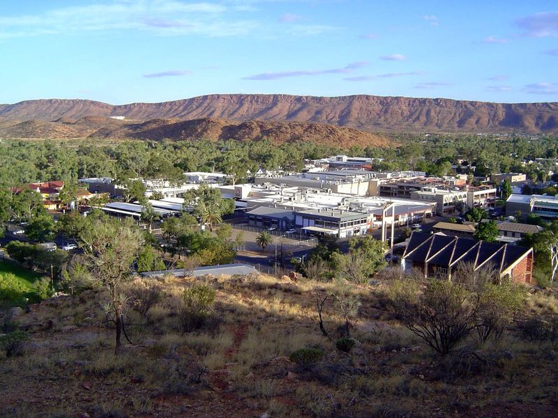Enough frippery. We've come to town and climbed Anzac Hill. The view is south over the town center, with the MacDonnell Ranges in the backgr