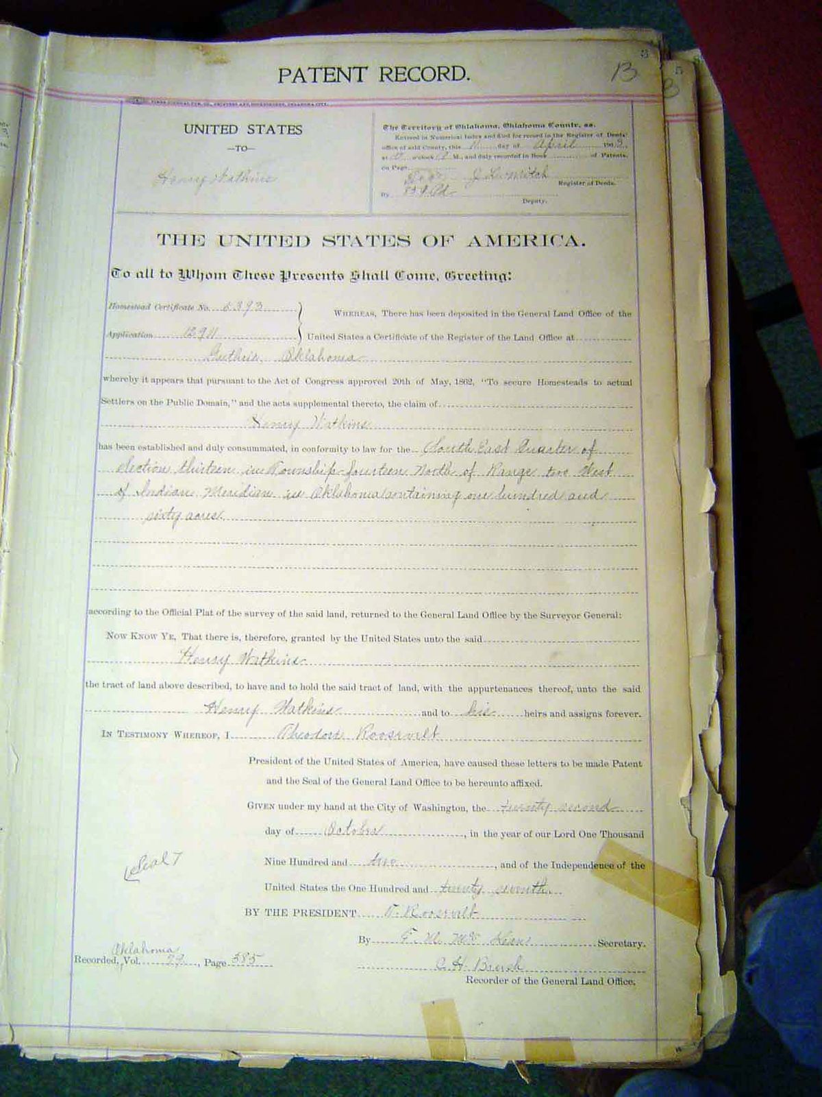 For history buffs, here's a copy of one of the homestead patents, signed by Teddy Roosevelt. It was from these tattered records that the pre