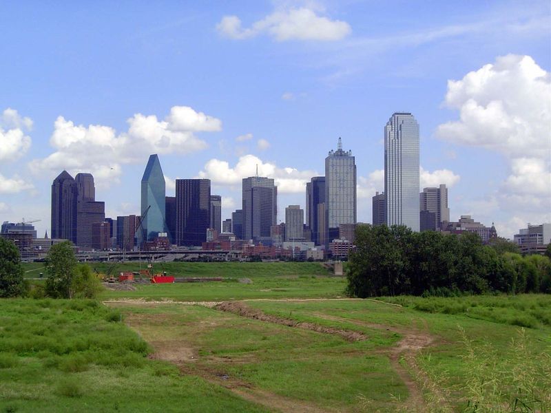 A closer view, still from within the floodplain. The tallest building is the Bank of America building, from 1985. To its left, the square bu