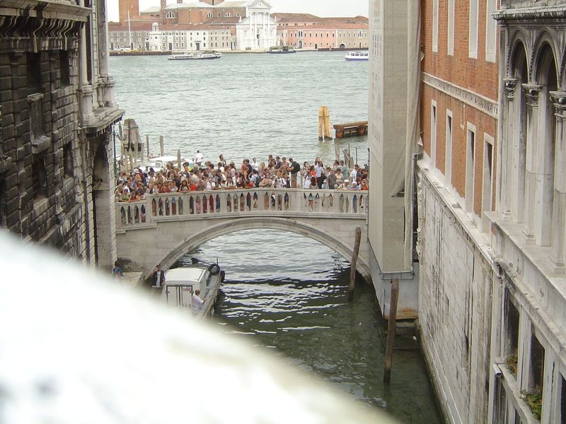 The view from the bridge back to the Riva della Schiavoni and the Ponte della Paglia. Ruskin says that that name, the "bridge of straw" prob