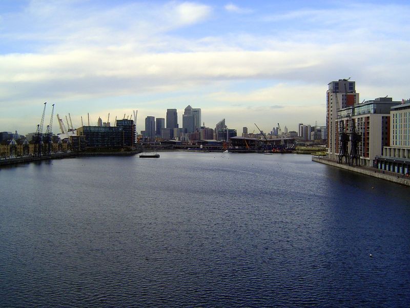Looking west from the bridge toward Britannia Village on the left, apartments and hotels on the right or north. The highrises in the distanc