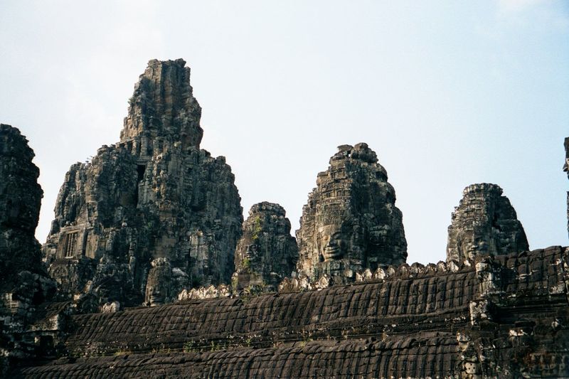 From closer up, the famous carvings on the towers become visible over the roofed gallery of the first deck.