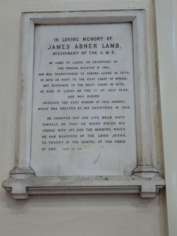 Transferred from a now-demolished church that Lamb himself had built, this plaque remembers a missionary who made six voyages to Africa, eac