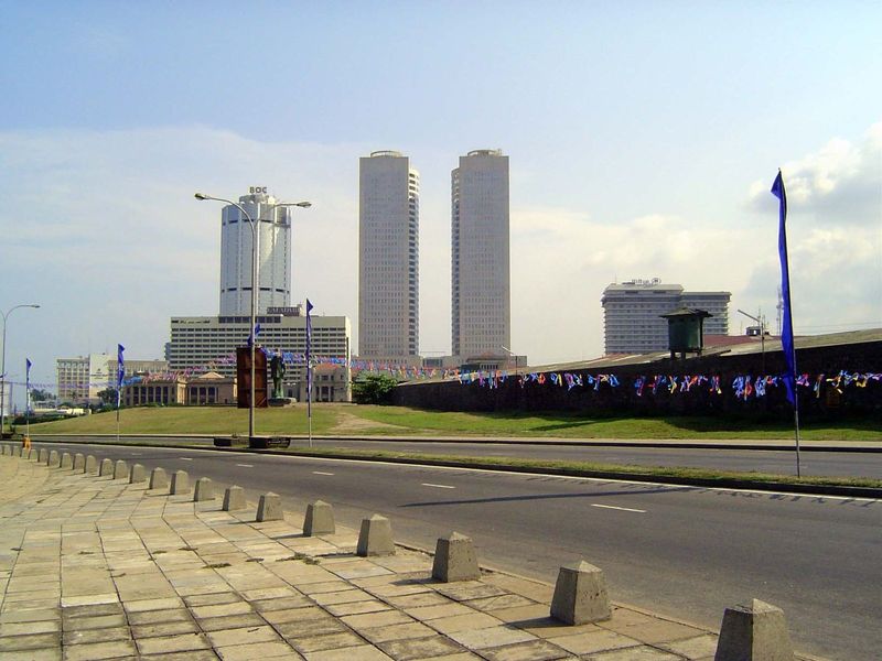 The view north from Galle Face toward the old business core in the Fort district. The three tall buildings are the Bank of Ceylon and the tw