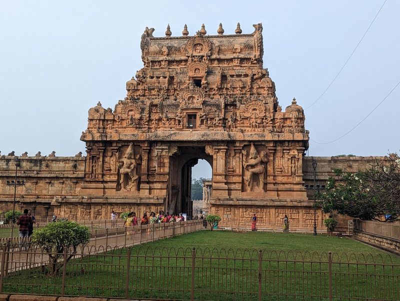 Here's the second gopuram.  I can't get over the anachronistic lawn, proof that the Archaeological Survey of India is here.   I am very appr