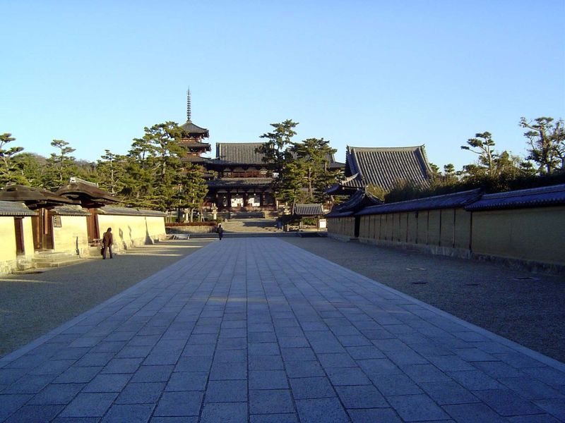 The path north to the Chumon or middle gate, from the seventh century. In the background is the temple's famous seventh century, five-storie