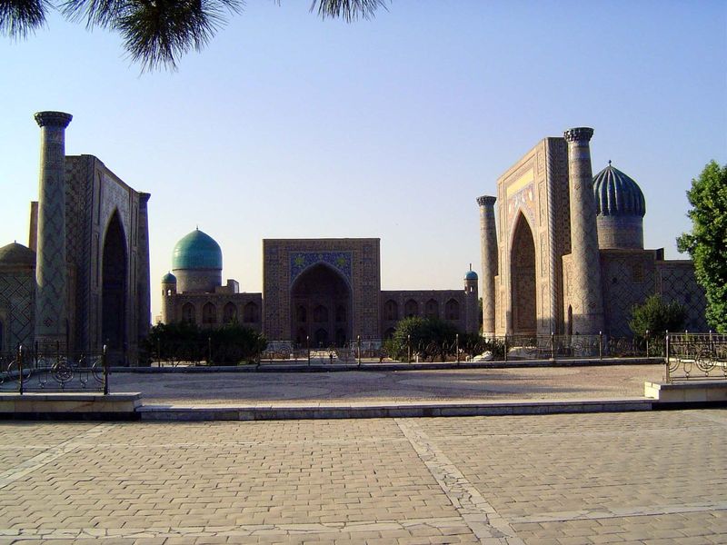 The focal Registan or "sandy place." The oldest building is the one on the left. It's the Ulug Beg madrasa of 1417-20. Ulug Beg was a grands