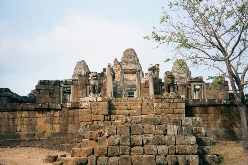 Here's the island seen from the east and showing East Mebon's nested tiers with towers on the highest platform. Except for the towers of the