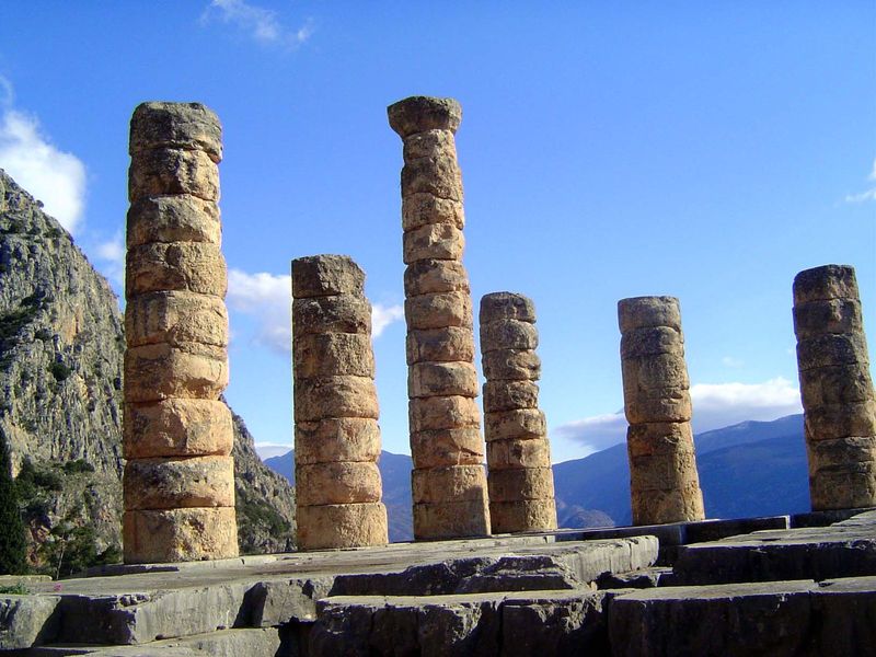 The reassembled columns are of limestone, not marble, and were originally covered with stucco.