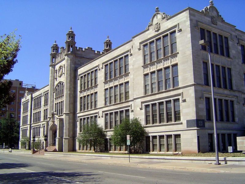 Central High School, opened as Oklahoma City High School in 1910, was designed by the indefatigable Solomon Layton, this time flying without