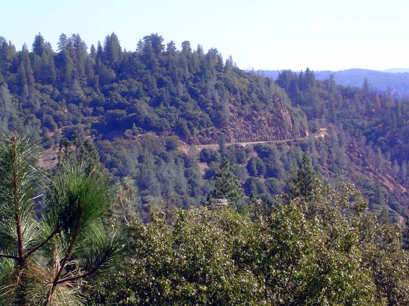 The scenic point is Cape Horn, where the railroad overlooks the American River Canyon. The cliff here is famous in railroad lore, because it