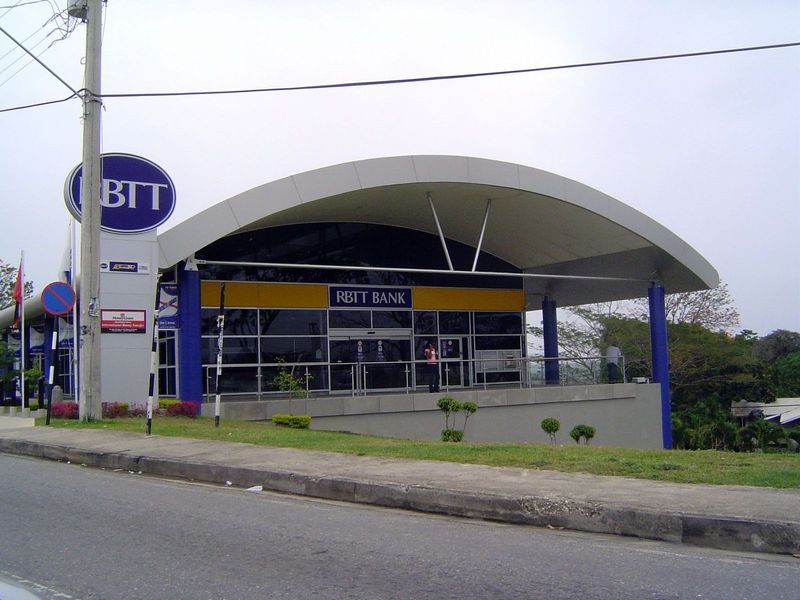 Nearby, a branch of the RBTT, formerly the Royal Bank of Trinidad and Tobago. The bank is a descendant of the Royal Bank of Canada, which op
