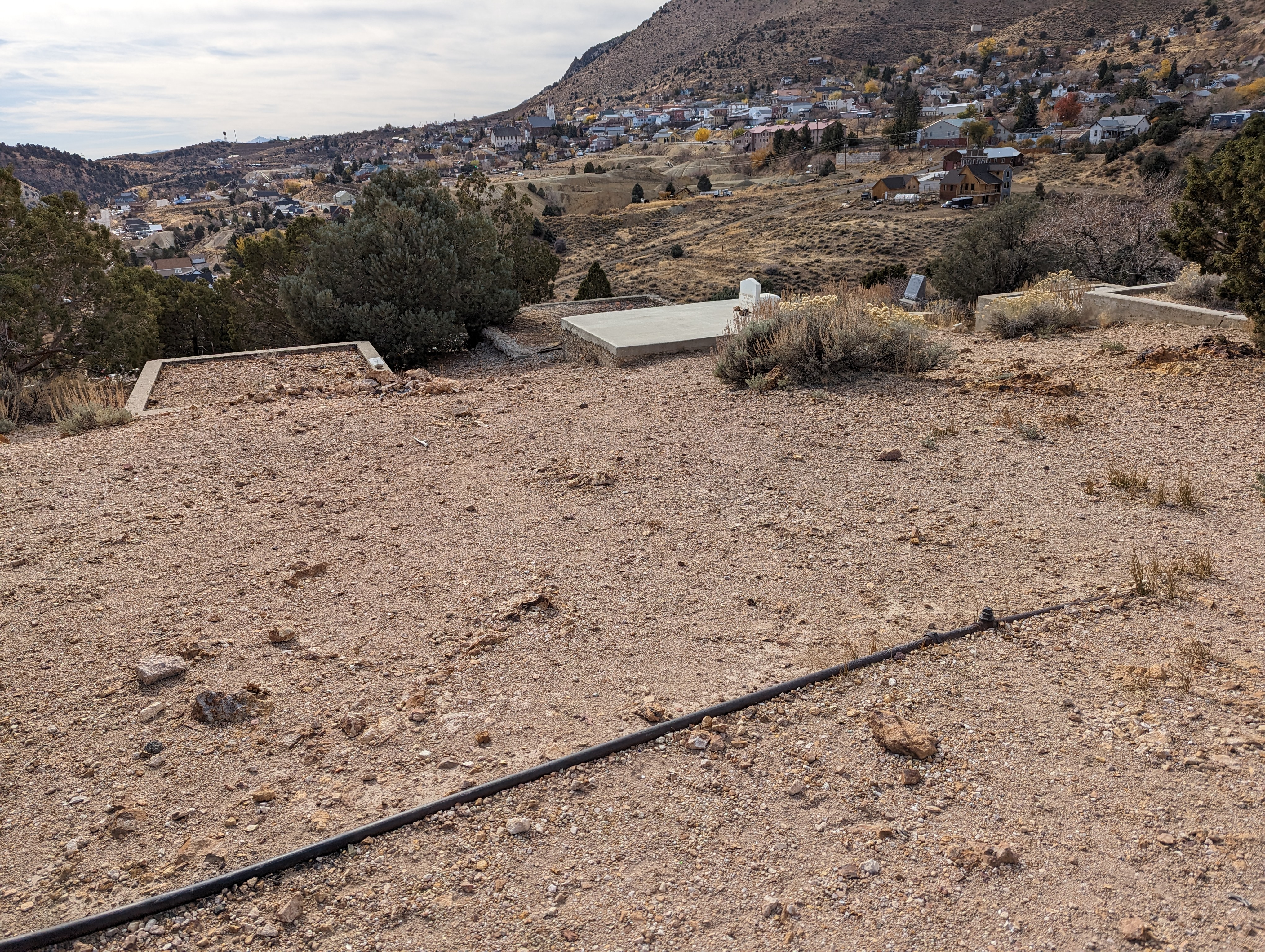 About 300 miners died in the Comstock.  Here's the edge of the town's big cemetery.  Perhaps the most interesting detail is the pipe, which 