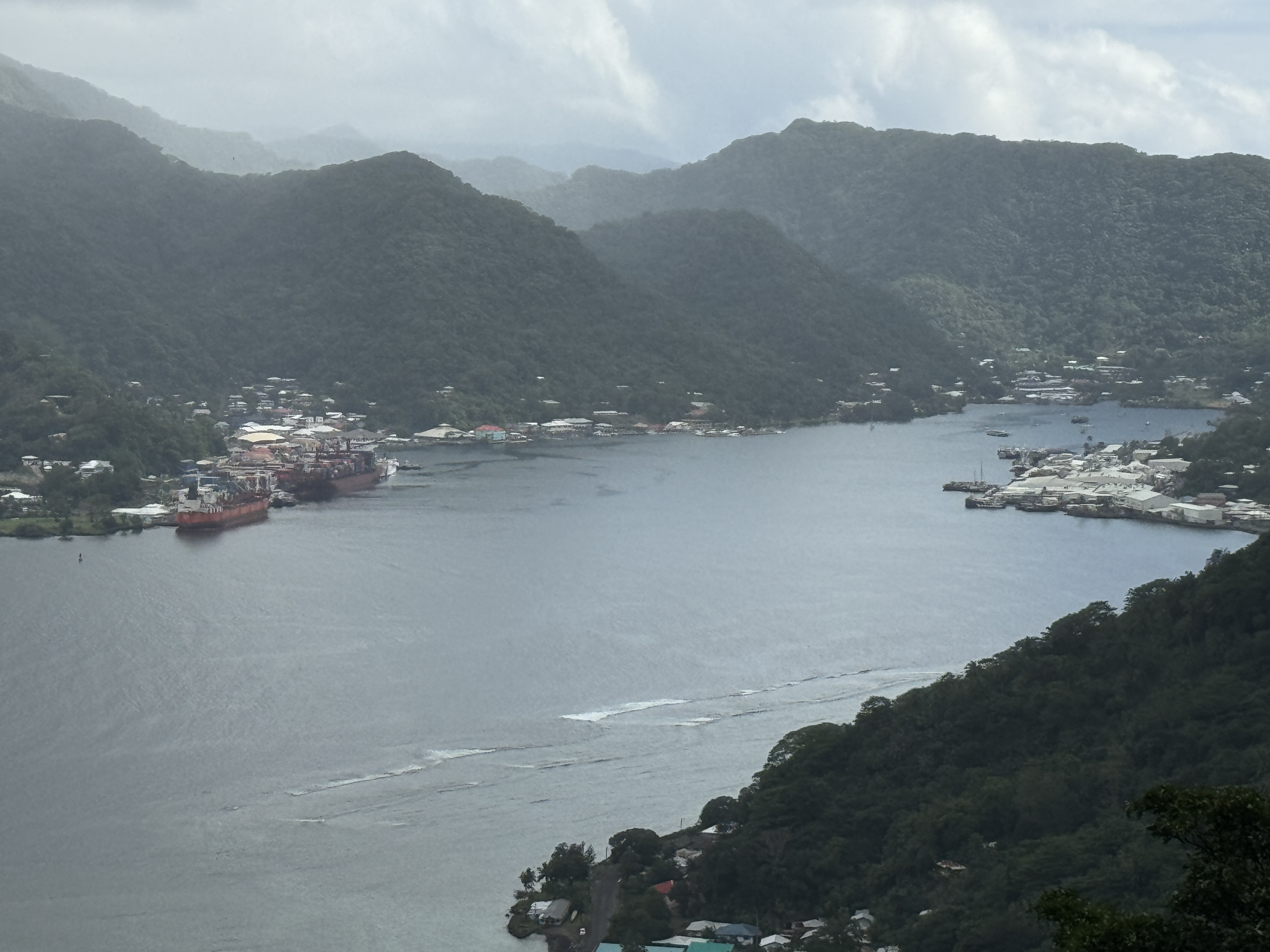 Here's the view from that road as it climbs above Pago Pago Harbor.  That's the old U.S. Naval Station on the left, now a container port sin