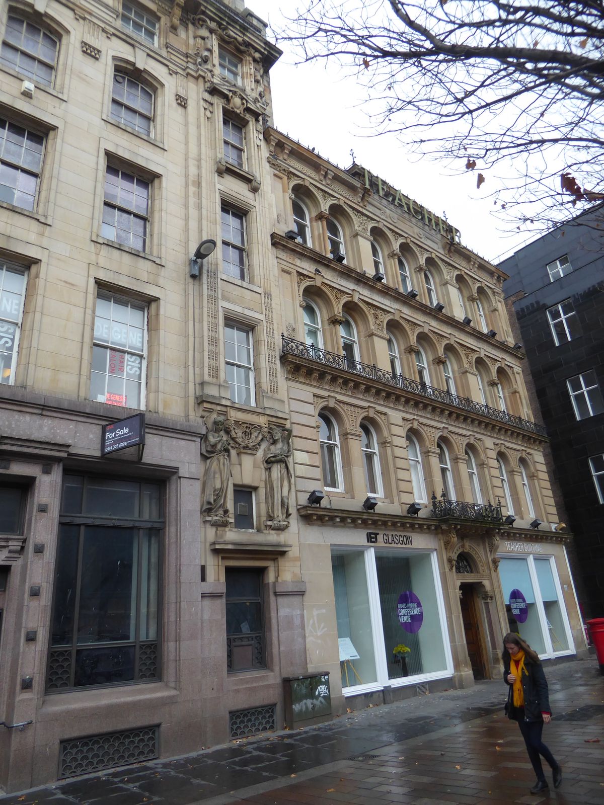 Here's a lighter touch. The building on the right, from 1875, housed the offices of Teachers Whiskey. The sign's been kept, but from 1991 to