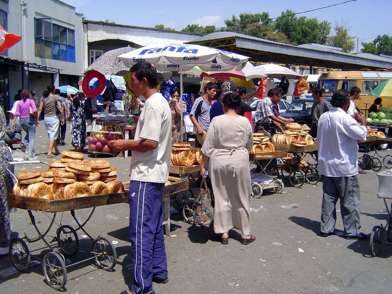 Close by is the city's main market, a huge place. The bread—called nan though it's much thicker than the nan of South Asia—is typically whee