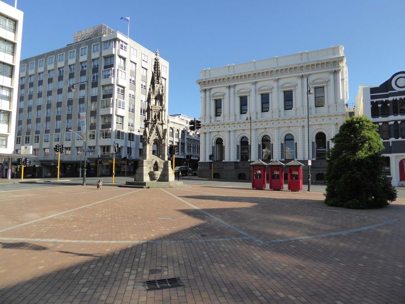 The Cargill Monument, from 1864, was moved here from the center of the Octagon when it was decided to run a street through its center. Traff