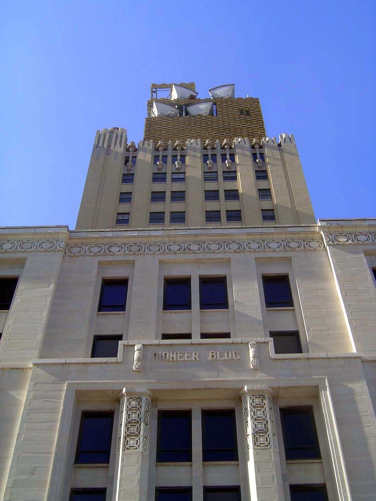 Another pioneering building, in this case literally so: this was the headquarters of the Pioneer Telephone Company, which merged into Southw