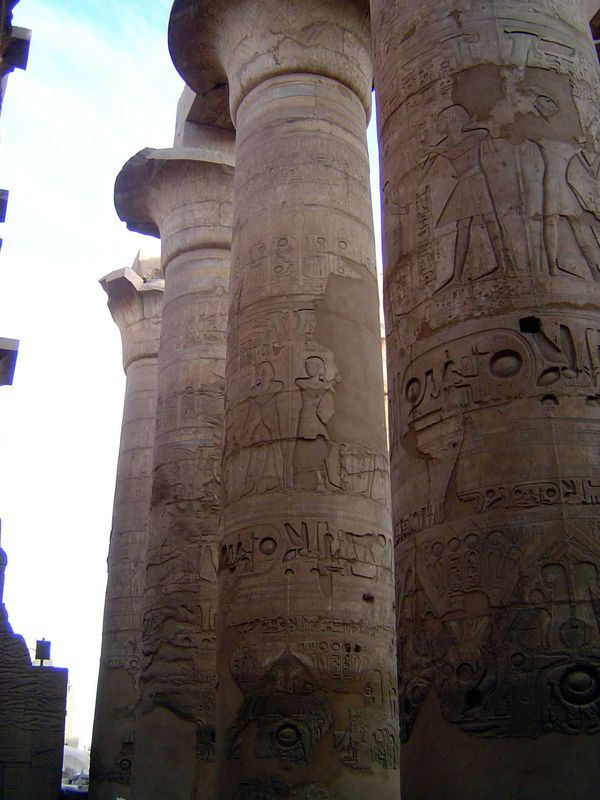 Farther west is the famous hypostyle hall, no longer roofed. This was a symbolic papyrus swamp, dimly lit with clerestories and symbolic of 