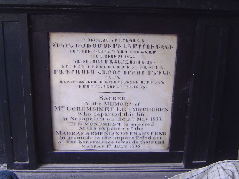 Mrs. Leembruggen was born in 1778 at Surat, married a Dutch factor, and left 40,000 rupees to the Armenian poor of Calcutta, where she has a