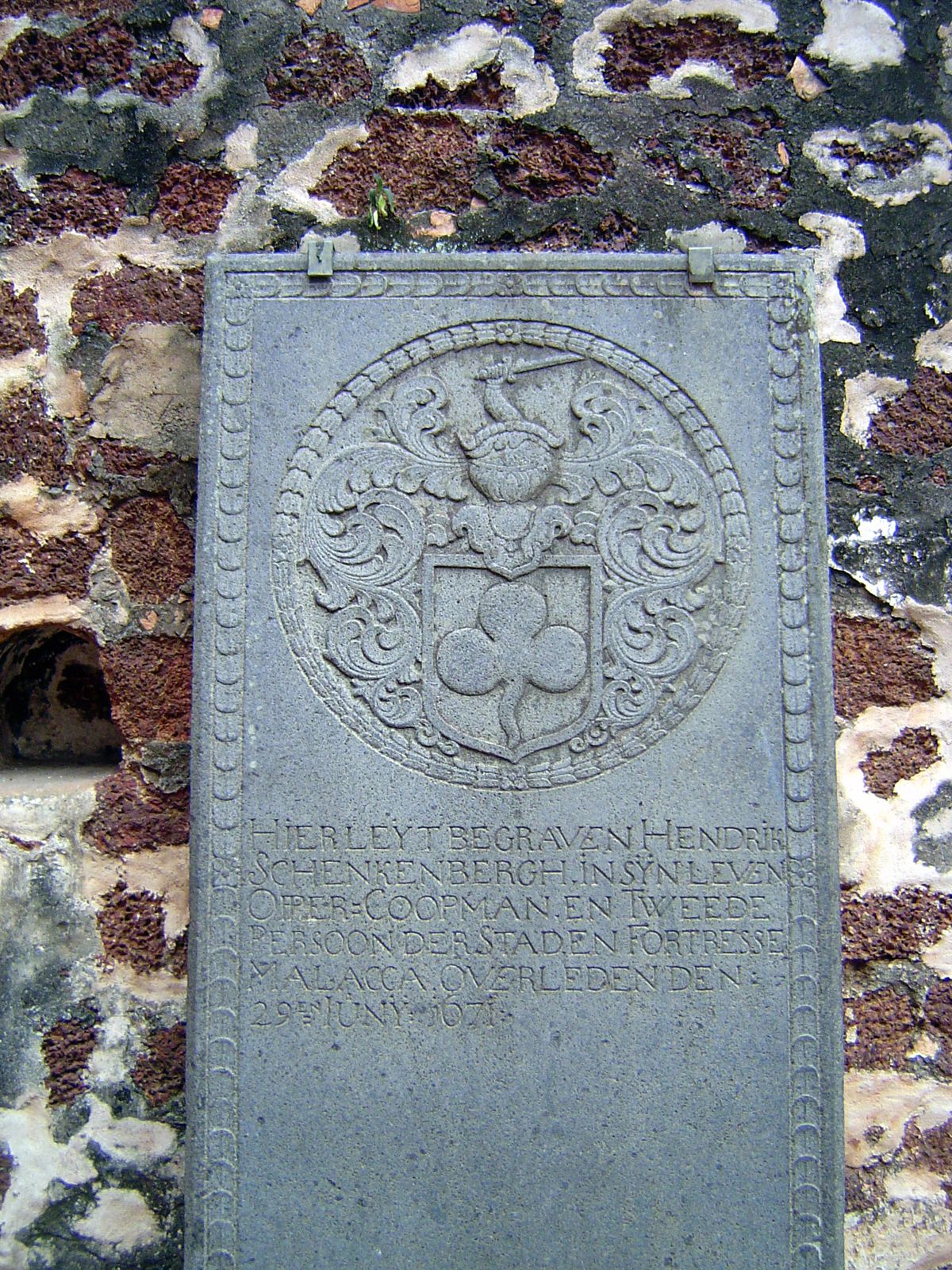 One reads: "Here lies buried Hendrik Schenkenbergh, in his life head merchant and the second person of the fortress city Malacca. Died 29 Ju