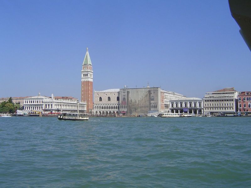 The classic view of Venice, with the 300-foot Campanile—a bell tower but once also a lighthouse—and the Doge's Palace, here partly wrapped b