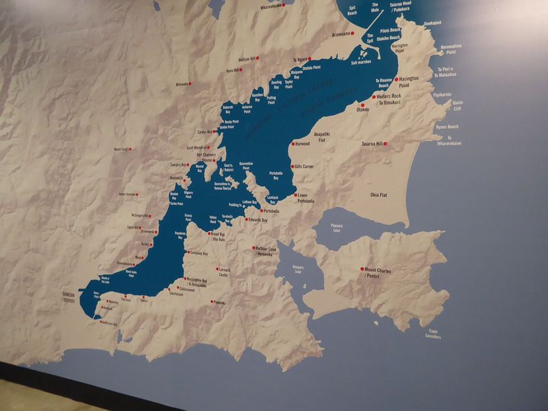 The preceding photos were taken just about at the lower-left corner of this map. Dunedin surrounds the end of the long Otago Harbor. The nam