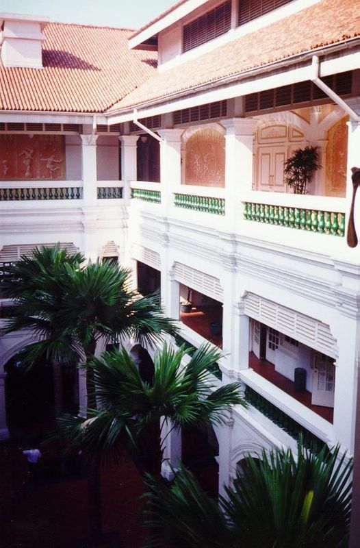 A courtyard at the Raffles Hotel. In the mid-1980s, plugging a radio into the wall unleashed a cloud of sparks and a small but dramatic fire