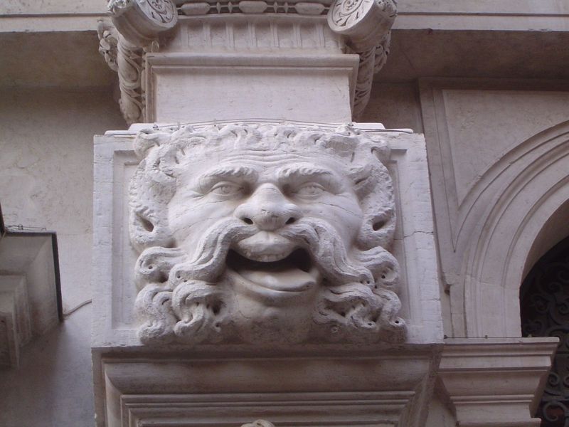 Another such mask, this one on the church of St. Maria dei Derelitti, completed in 1674. Ruskin called these faces "evidences of a delight i