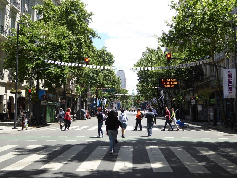 We've started walking from the Plaza de Mayo west along the Avenida de Mayo, closed today for the LGBT parade. Down at the far end is the gr