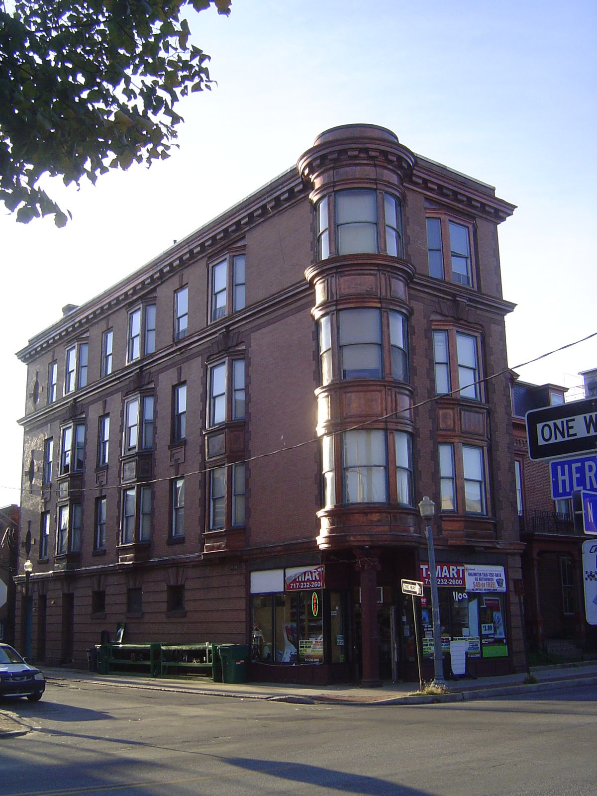 The copper trim of the Potts Apartment House, which was built at the same time as the Donaldson Flats, has had its patina scrubbed off.