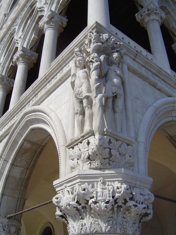 We're at the far end of the Doge's Palace, the corner where the long facade meets the water. This is what Ruskin called the Fig-tree Angle, 