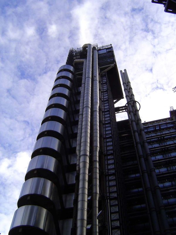 Another famous or infamous highrise: the Lloyd's Building, completed in 1984 and designed by Richard Rogers, who had previously collaborated