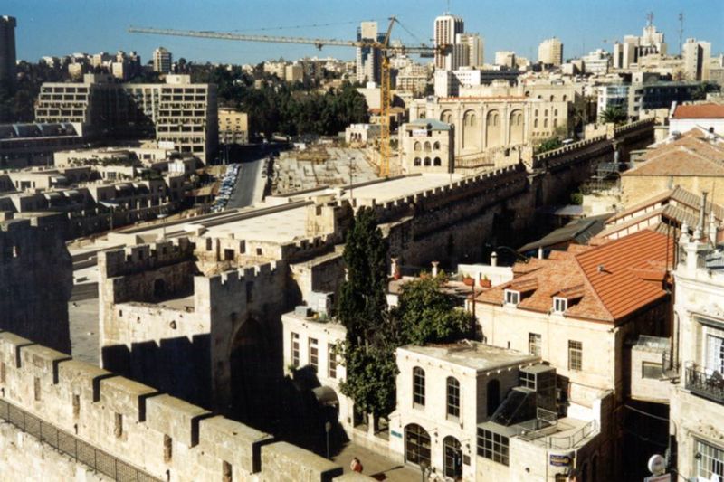 This is the first of a sequence of pictures panning to the right from atop David's Tower. There's a good view here of the Jaffa Gate, whose 