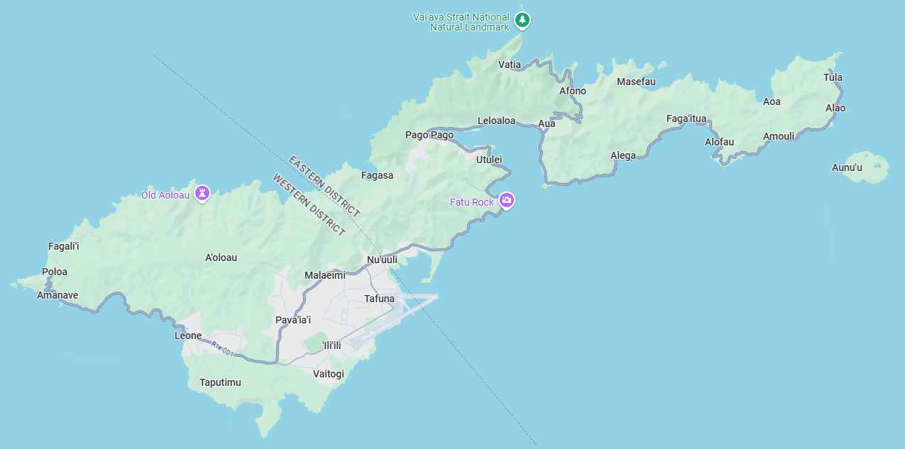 Here's the main island, Tatuila, 20 miles long tip to tip, but by road 30 miles taking 90 minutes.