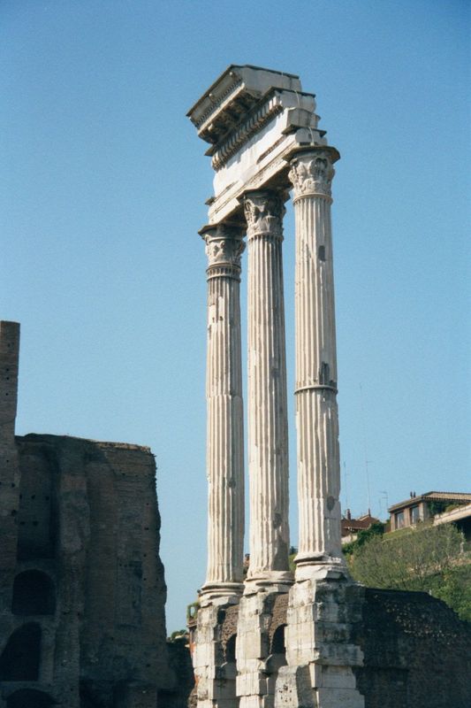 The three surviving columns of the Temple of Castor, rebuilt during the reign of Tiberius. The temple honored Castor and Pollux, sons of Zeu