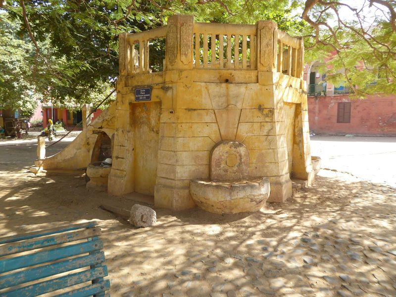 A podium or bandstand, with inoperable fountains.