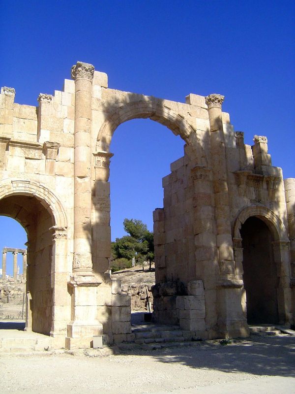 Hadrian's Arch, built at the time of the emperor's visit in 129-130 A.D but, like many buildings in Jerash, more or less reassembled over th