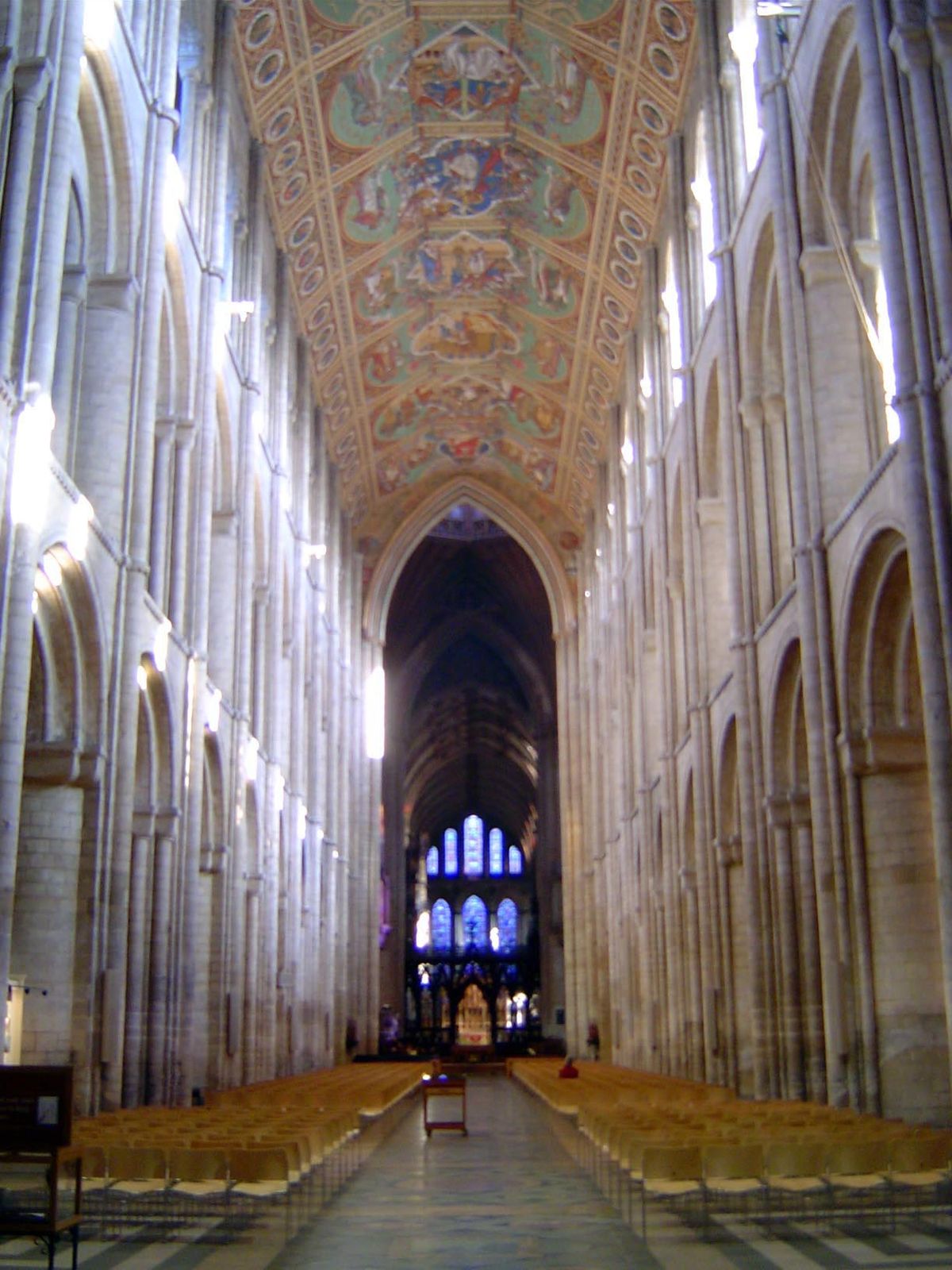 The nave, shown here, is the oldest part of the church and was finished in 1170. The painted covering of the wooden-truss ceiling was done i
