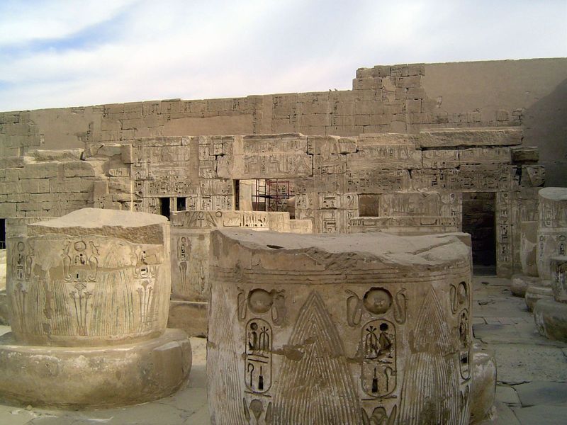 Farther west, not much is left of the hypostyle hall besides stumps.