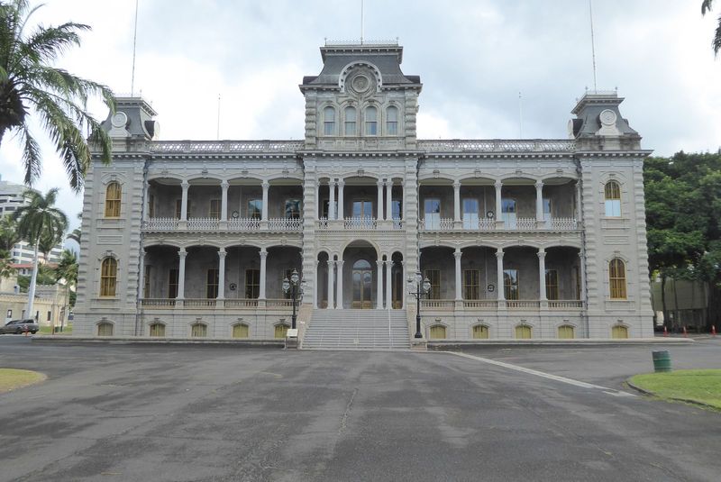 Across the street is the Iolani Palace of 1882, built by Queen Lili-uokalani of the Kalakaua Dynasty, successor to the Kamehameha line. It's