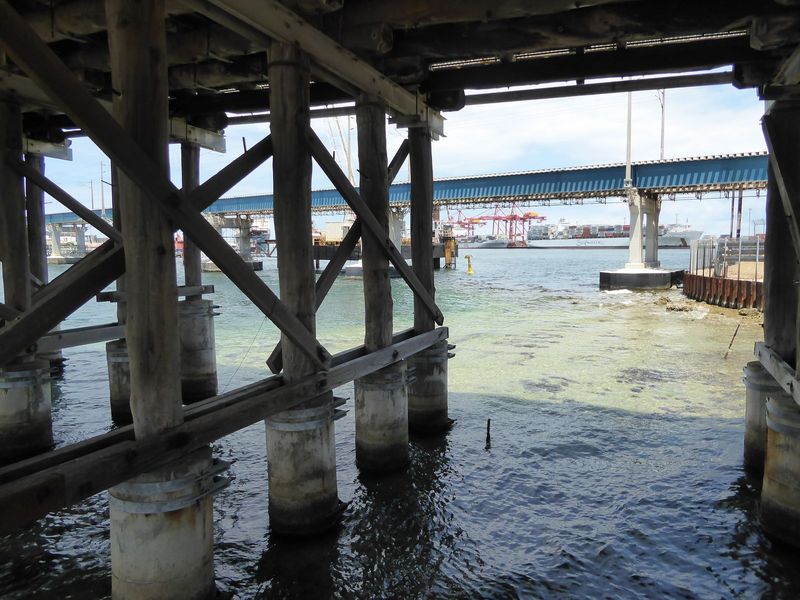 Looking downstream under two road bridges we find the serious end of the river's mouth.