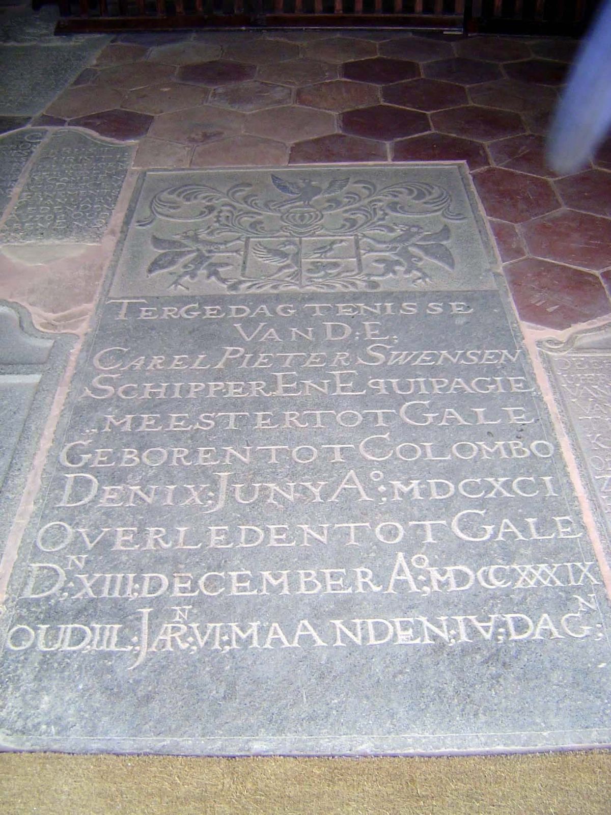 To the memory of the Hon. Carel Pieter Swensen, Sea Captain and Equipagie Meester Market Attendant of Galle. Born at Colombo, 9th June 1691.