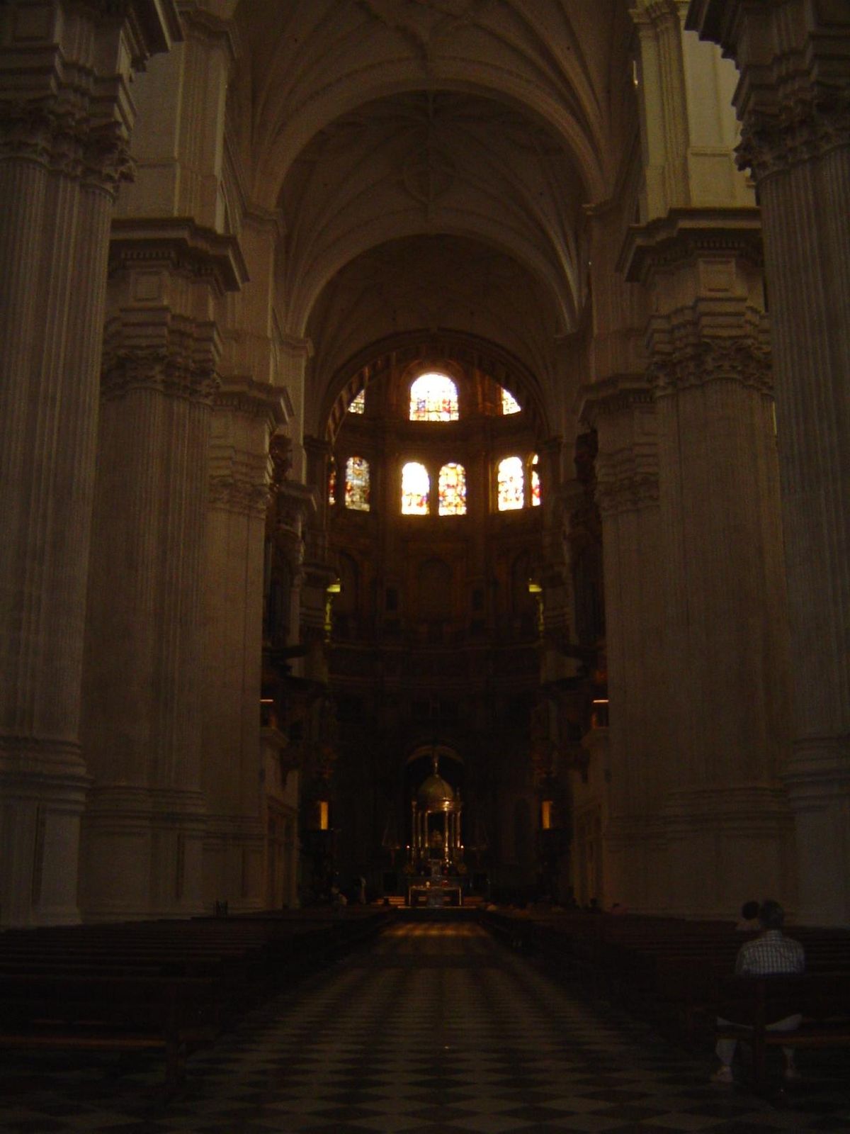 Inside, massive columns almost hide even more massive piers that carry the structure.