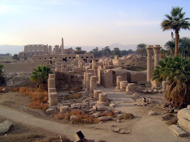 The view here looks back over the Central Enclosure. The massively square post-and-lintel building just before the obelisk is the Akh-Menou,