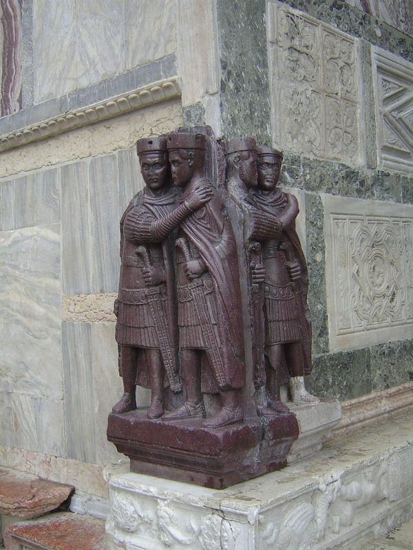 More of that rare porphyry, here in the sculpture known as the four tetrarchs. Diocletian, Maximilian, Constantius, and Valerius ruled the R