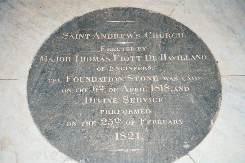 On the floor of the church. De Havilland retired to Guernsey in 1825 and lived until 1866, when he expired, aged 90.