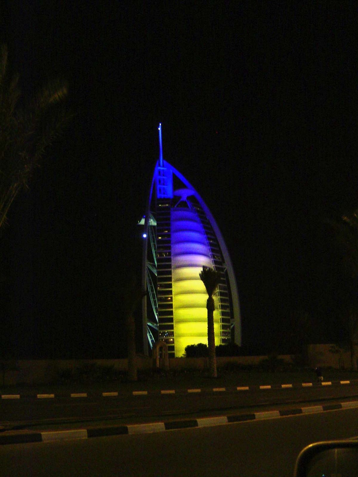 The lighting at night changes color a couple of times a minute. The structure rests on 250 piers sunk 150 feet in the sand.