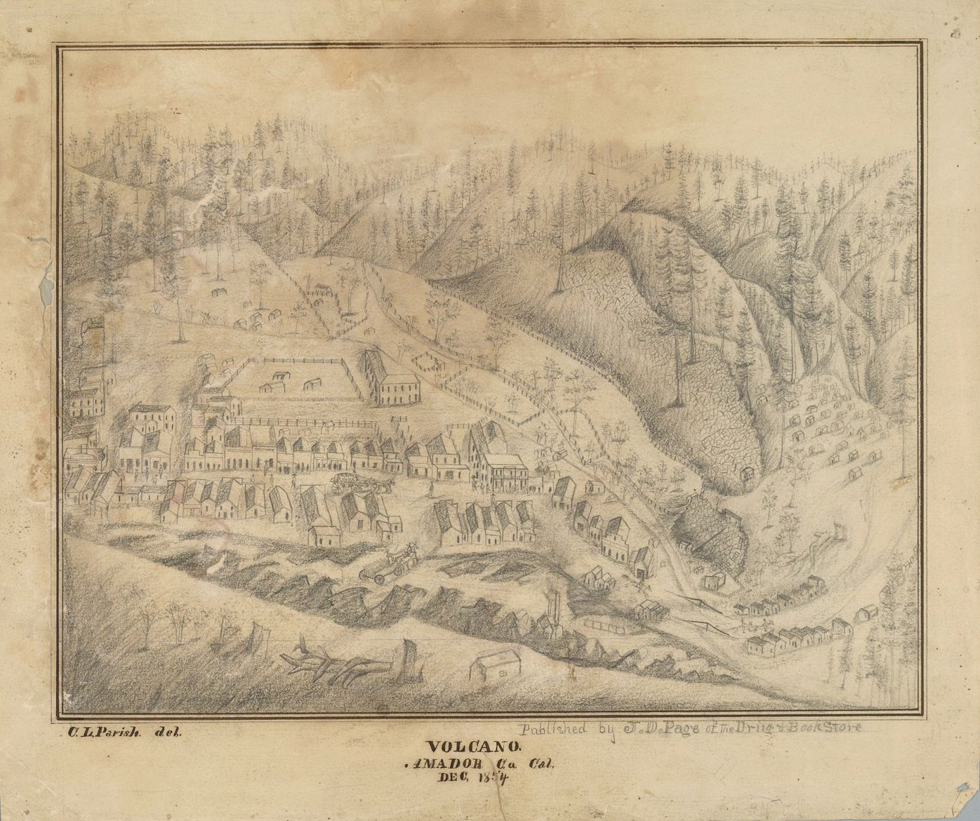 An image of Volcano in 1854.  The large building at the elbow on main street is probably the Hotel Eureka, predecessor of the St. George. Wi